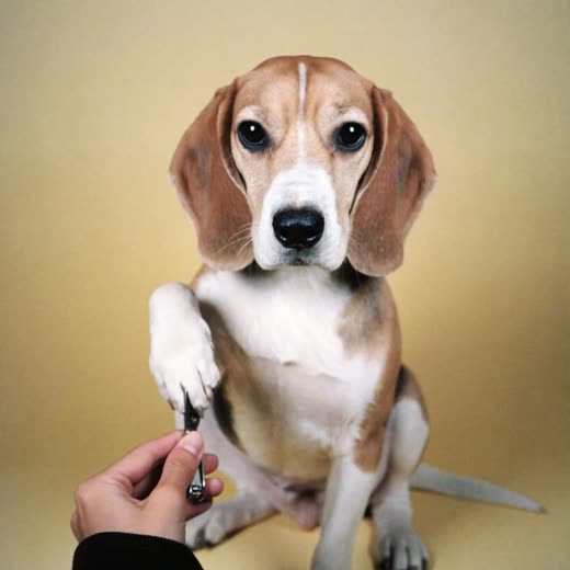 A beagle having its nails clipped